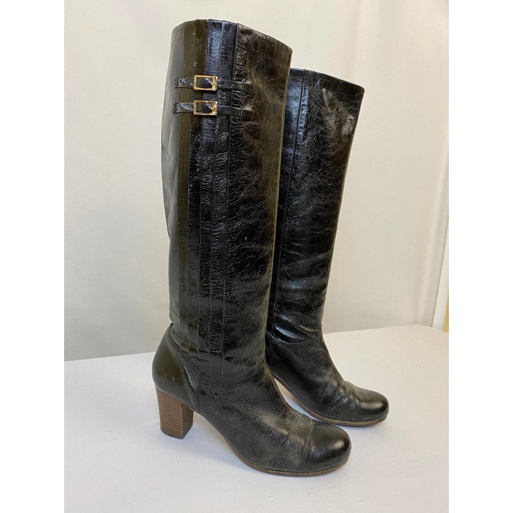 Frye Womens Nora Pleated Tall Black Leather Heeled Boots